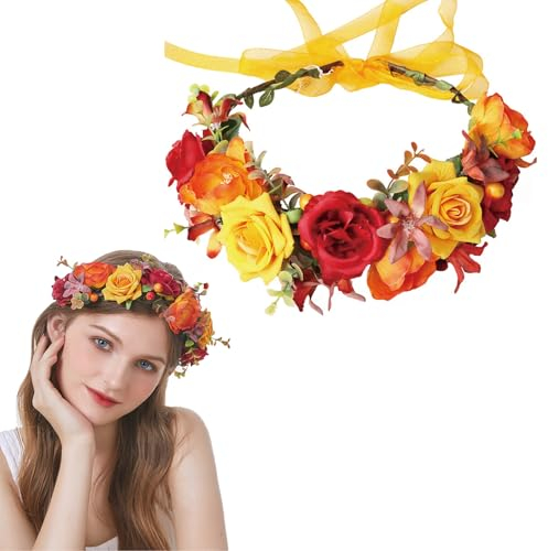 AWOCAN Couronne de fleurs pour femme - Couronne florale - Couronne de mariage - Guirlande de cheveux réglable - Pour femme (orange + jaune + rouge)