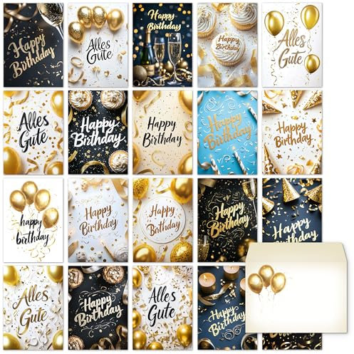 beriluDesign 20 Geburtstagskarten Set mit Umschlägen - Glückwunschkarten, Postkarten zum Geburtstag - Happy Birthday Karten - ideal als Grußkarte oder Gutschein (20 Karten + 20 Umschläge)