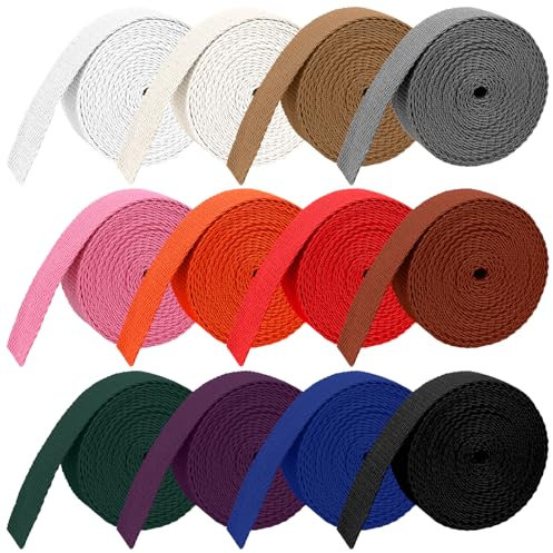 12 Stücke 36M Baumwolle Gurtband 25mm Breit Schrägband Canvas Baumwollbänder Polypropylen Gurtbänder Nahtband zum nähen für Rucksäcke Nähen Taschenband DIY Basteln Stricken Verpackungen