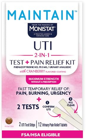 Monistat Maintain UTI 2-in-1 Test & Pain Relief Kit, 2 Test Strips & 12 Urinary Pain Relief Tablets, 2 Minute Results and Maximum Strength Pain, Burning and Urgency Relief