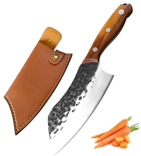 Fubinaty Cooking Knife 7 Inch Kitchen Chef Knife Handmade Forged High Carbon Steel Full Tang Meat Vegetable Slicing Knives with Wooden Handle and Sheath for Home Garden Grill