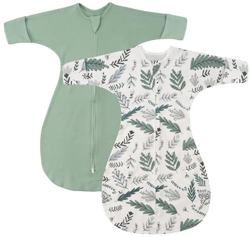 SIMYJOY 2er Pack Pucksack Baby Swaddle Schlafsack aus Baumwolle mit Arme-hoch-Design & Doppelreißverschluss, halblange Ärmel & Fäustlingbündchen,Grün&Blätter