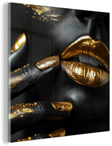 MuchoWow© Wandbilder Glas 40x40 cm Schlafzimmer Home Deko Wohnung Bild Wohnzimmer Wand Glasbilder Leinwand Wall Decor Gold - Lippen - Porträt - Abstrakt - Luxus