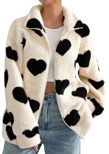 Zeiayuas Ladies Fleece Jackets Full Zip Sherpa Teddy Fleece Coat Winter Warm Cute Love Heart Print Jacket with Pockets Furry Fluffy Jacket Teddy Bear Coats Tops Sweater Warm Cosy Outerwear Loungewear