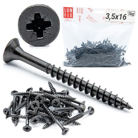 Viti autofilettanti Ø 3,5 x 16 mm 1 kg testa svasata in acciaio temprato nero zincato per legno, costruzione di mobili, recinzioni, terrazze