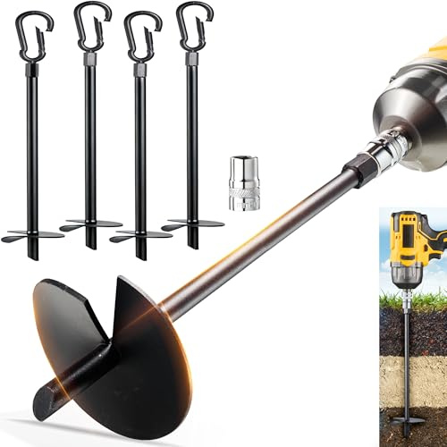 18” Ground Anchors Screw in(1000lbs), Heavy Duty Swing Set Auger Anchors Forged from High-Strength Steel, Unique Carabiner Design, Trampoline Stakes for High Winds, Tents, Trees, Canopies, Gazebos