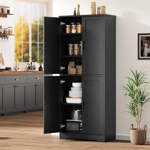 IDEALHOUSE Pantry Cabinet,70 Tall Kitchen Pantry Cabinet with 4 Doors and 3 Adjustable Shelves, Freestanding Cupboard, Modern Storage Cabinet for Bathroom, Dining Room, Living Room, Black