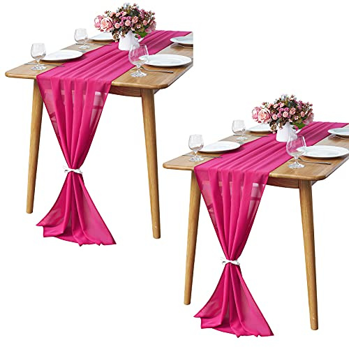 Confezione da 2 runner da tavola in chiffon fucsia trasparente da 3 m, 73 x 305 cm, per decorazioni romantiche per matrimoni, addio al nubilato e baby shower, compleanni, decorazioni rustiche per