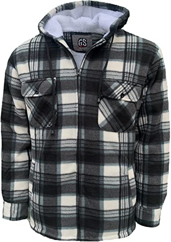 G Street Mens Padded Shirts Lumberjack Collared Hooded Flannel Check Jacket Thick Quilted Work Wear Warm Thermal Fleece Fur Lined Top Casual Coat (White New, Large)