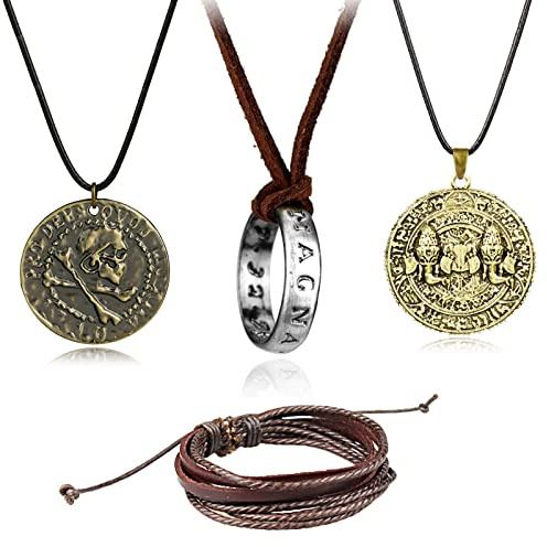 TFYU - 4 collares Drake de aleación chapada en latón envejecido, collar con colgante de monedas antiguas, unisex, de cuero, multicapa, ajustable, pulsera de cuerda multicolor
