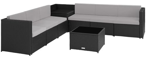 tectake® Conjunto Jardín de Ratán, Muebles Jardín Exterior 6 Sillones, 1 Mesa con Cristal, 1 Baúl Almacenamiento, Conjunto Terraza Resistente a la Intemperie, con Cojines, Estructura en Acero - Negro
