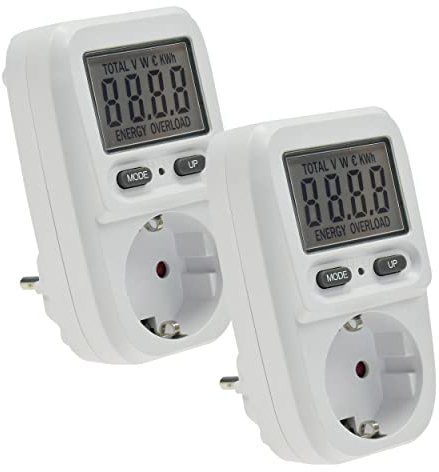 Energiekosten-Messgerät Stromkostenmessgerät Stromzähler Energiekostenmesser für Steckdose 230V - Verbrauchszähler bis 3600 Watt Tarif einstellbar - 2 Stück Weiß