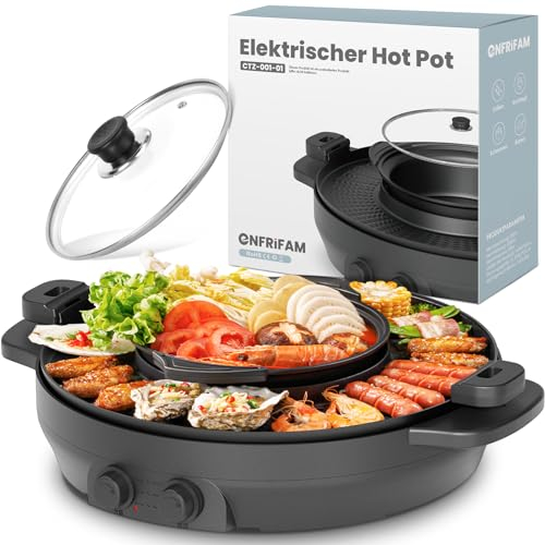 ENFRIFAM 2200W Hot Pot Elektrischer, 2 in 1 Hotpot Topf und Raclette Grill, Tischgrill und Suppentopf Können Abnehmbar, Rauchfreier Geteilter Shabu-Grilltopf für 2-8 Personen, Einfache Reinigung