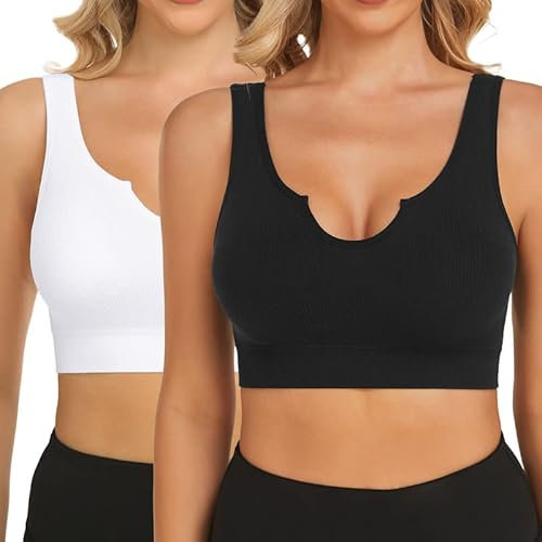 SIMIYA Comfort Sport Bra Crop Top Bras Removable Cups Seamless Bra Notch Neckline Bralette for Women Workout Yoga(L, Black+White)