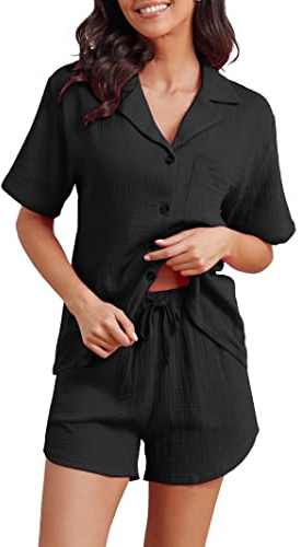 Famulily Weich Schlafanzug Damen Elegant Kurz NachtwäSche Kurzarm Trendig Homewear Set Sommer Schwarz L