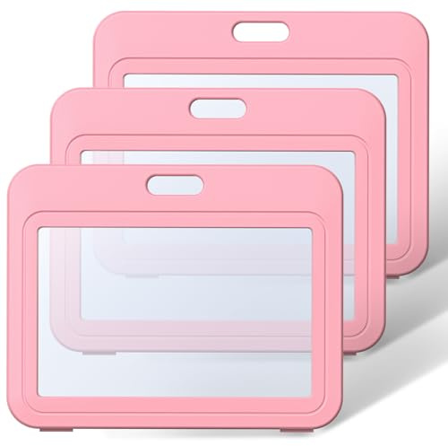 Uniclife ID Badge Holder with Double-Sided Windows Horizontal Hard Plastic Case Pink Card Protector Pouch for Office School ID Credit Cards Proximity Key Cards Driver’s Licenses and Passes, 3 Pack