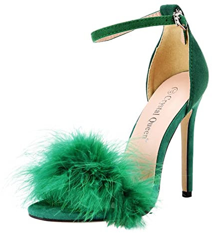 koperras Frauen Open Toe Sandale Flauschige Feder Riemchen High Heel Schuhe High Heels Sexy Frauen Schnalle Sandalen Profil Schuhe Damen (Green, 35)