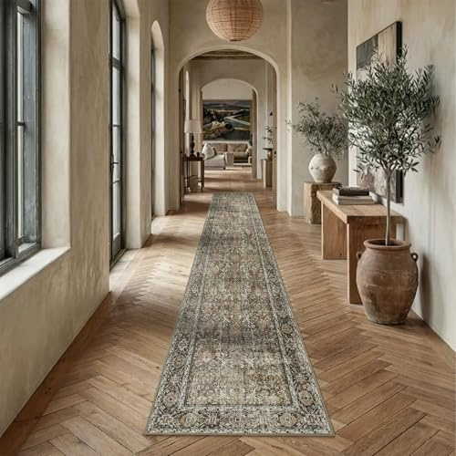 PureCozy Brown Runner Rug 3x12 Vintage Area Carpet Hallway Long Indoor Kitchen Washable Living Room Low Pile Traditional Distressed Retro Accent Throw Rug Non Slip Laundry Bathroom Office Dining Room