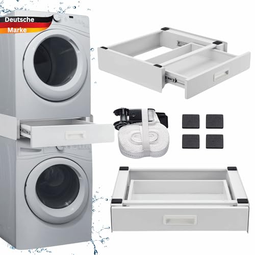 DELUKE® Verbindungsrahmen für Waschmaschine/Trockner mit Schublade LEO - 60cm Breit UNIVERSAL | Spanngurt + Gummipads | Zwischenbaurahmen Waschmaschinen Trockner Zwischenbausatz Waschmaschinenzubehör