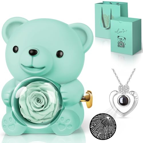 Hnustbo Rosa Eterna Stabilizzata con Collana I Love You, Rose Orso Originale Regalo per Donna Fidanzata Mamma Madre Nonna Moglie per San Valentino,Festa della Mamma,Compleanno,Natale