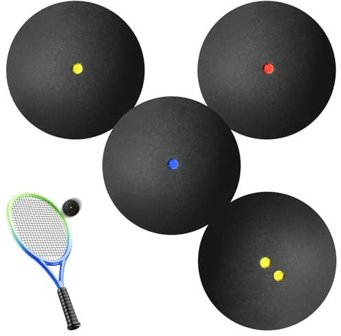 GOMETY Squashbälle 4er-Set, 4 Geschwindigkeit Squash Bälle Elite Doppelgelb, Intermediate Gelb, Rot Anfänger, Junior einzelne Blau Squashball High Bounce Sport Squash Ball für Wettbewerb Training