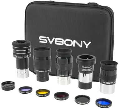 Svbony SV233 Oculaire Telescope Filtre Kit, Zoom 7-21 mm, SPL 3.2 mm 58°, 25 mm, 32 mm Oculaires, Lentille de Barlow 2X, Filtres LRGB, Lune et Polarisant, avec Sac de Transport, 12 Pièces Accessoires