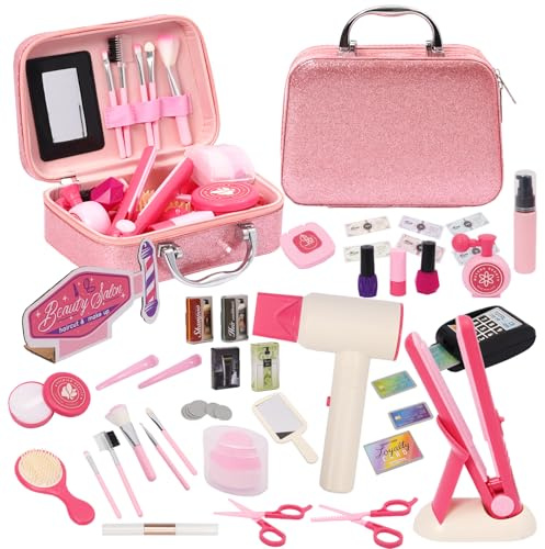 Set de Peluquería Rosa para Niños, Accesorios de Peluquería, Incluye Secador, Plancha, Peine y Accesorios, Juego de rol, Caja de Maquillaje Infantil, Regalos para Niñas a Partir de 3 Años