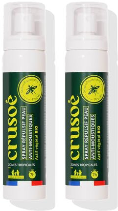 CRUSOÉ - Spray Anti Moustiques - Dès 3 Ans - Efficacité 7H - Zone Tropicale Et Tempérée - Formulation 100% Végétale - Certifié Écogarantie - Fabriqué En France (2 x 75ml)