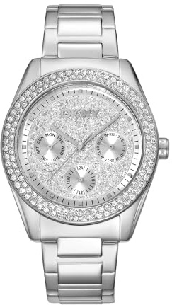 DKNY Women's Chambers Multi Function Chronograph Silver Powder Dial Stainless Steel Bracelet Watch 36mm