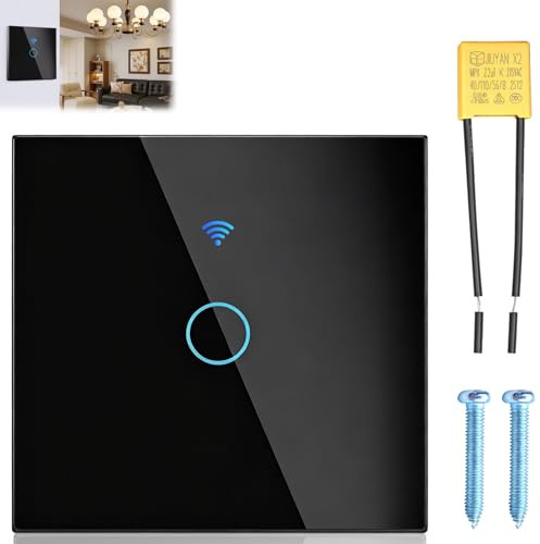 DUSEKI Interruptor Táctil WiFi Interruptor Inteligente 1 Vía 1Gang con Alexa Google Home Montaje Empotrado Smart Interruptor Lampara Pared Tactil Sin Neutro con Smart Life Tuya App Control Negro