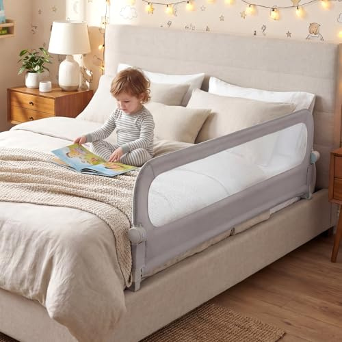 COSTWAY Barrera Seguridad Niños, Barandilla Plegable para Cama, Barandilla de Seguridad Ajustable dcon Funda Extraíble de Tejido Oxford y Base Robusta en Forma de U (Gris,180 x 60 cm)