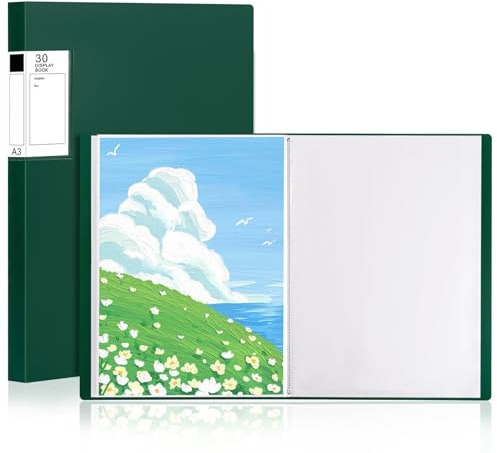 GUOKOFF Lot de 2 Porte-vues A3 30 Pochettes, pour Bureau école, Vert | A3 Livret de Présentation en Polypropylène, Classeur avec Insert de Présentation, Pocket Présentation Affichage du Livre