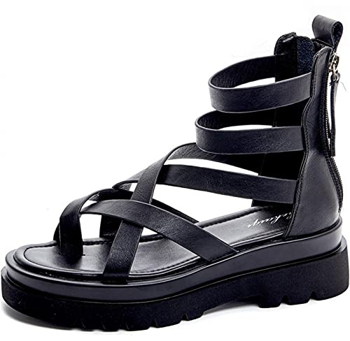 ZYONG 2021 Femmes Sandales en Cuir De Vache Souple D'été Gladiateur Croisé Boucle Sangle Plate-Forme À Talons Hauts Sandales Chaussures Décontractées