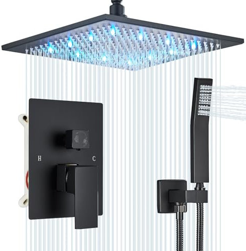 Saetow 12 Inch LED Rainfall Shower Head System, Matte Black, Includes Shower Head (12 inches, LED Rainfall), Handheld (Brass), Arm (16 inches), Hose (59 inches), Rain Setting, Wall Mount