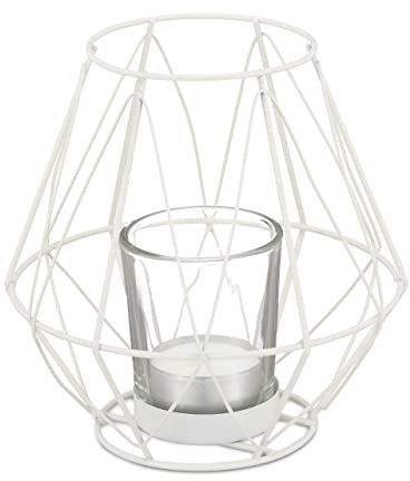 Relaxdays Portavelas Rejilla, Diseño Geométrico, Soporte Velas, Vaso Cristal, Metálico, Decoración Mesa, 14x14cm, Blanco, Hierro
