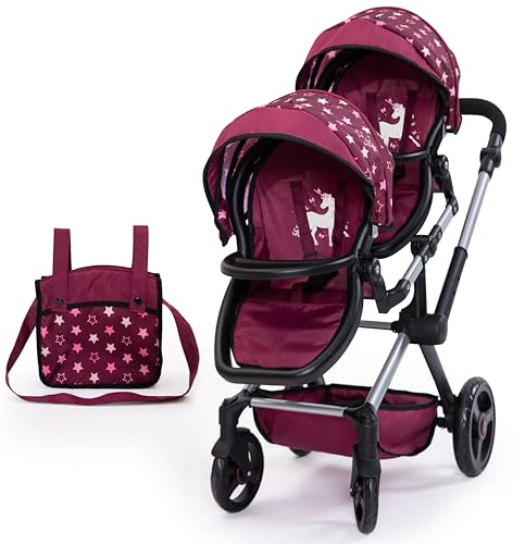 Bayer Design 26723AA Carrozzina gemellare Twin Xeo, carrozzina per bambole doppia, regolabile in altezza, borsa, bordeaux, rosa, stelle