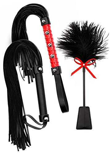 MALINERO Horse Set Whip Feather - 18 Riding Crop 18 Whip Red 15 Feather Tickler Crop Leather - Equestrian Horse Whips - Leather Crops for Horses - Whip and Crop Set