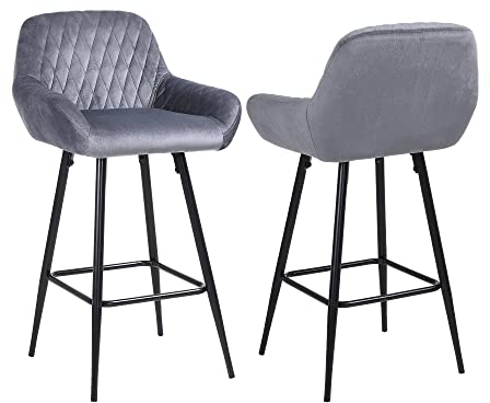 ralex-chair Barhocker 2er Set, Grauer Samtstoff Barstuhl mit Rückenlehne und Armlehne, Hohe Hocker mit Unterstützte Schwarze Metallbeine, Frühstückstheke, für Bar, Theke, Küche, Zuhause(Grau, 2 Stück)