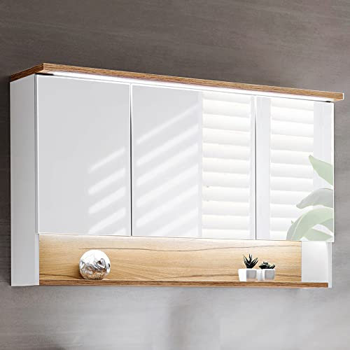 Lomadox Badezimmer Spiegelschrank 120cm, LED-Beleuchtung, weiß mit Wotaneiche 3-türig, Schalter, Steckdose