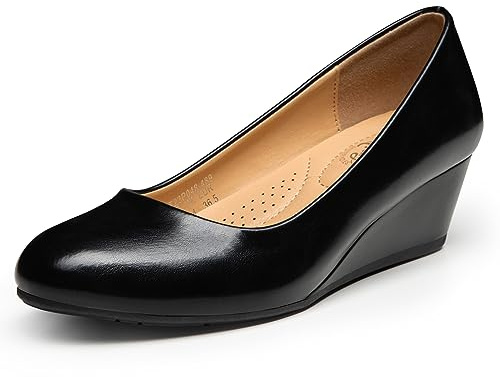 Trary Black Women's Wedges Heels for Women Pumps Round Toe Mid Heels Comfortable Closed Toe Dressy Shoes Women Pumps Wedge Dress Shoes for Wedding Work Office Party 1.8 Inches PU