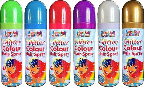 AbbeyShake hair spray 200ml glitter colour temporary washable for special occasion multi color - pack of 6 cans (Glitter Colour)