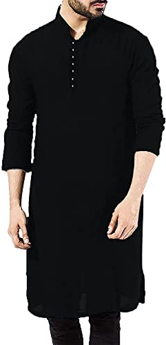YAOHUOLE Kaftano etnico da uomo marocchino Thobe in cotone e lino kurta da uomo a maniche lunghe islamico, Nero , XL