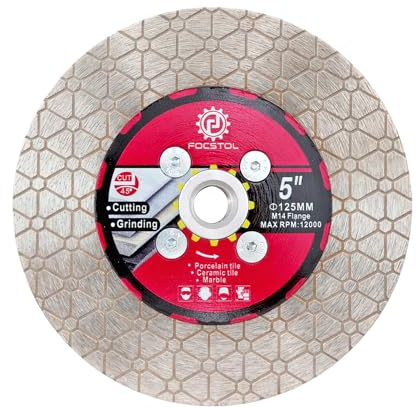 Diamant Trennscheibe 125mm - FOCSTOL Fliesentrennscheibe Schneiden und Schleifen mit M14 Flansch für Porzellan Keramik Fliesen Marmor Granit Kunststein Quarz
