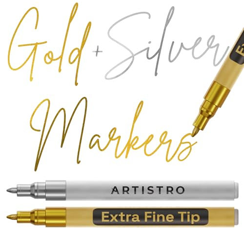 Artistro 2 Gold & Silver Acrylic Paint Pens for Rock Ceramic Wood Glass Metal Fabric Plastic - 0.7mm Metallic Paint Markers Ideal for Scrapbooking DIY Crafts Art Projects