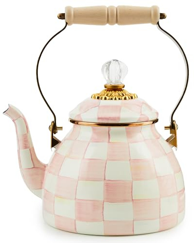 MACKENZIE-CHILDS Enamel Tea Kettle, Stylish Tea Kettle for Stovetop, Pink-and-White Rosy Check, 2 Quarts