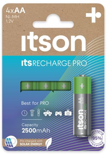 ITSON, AA piles rechargeables, PRO, lot de 4, puissantes piles rechargeables, capacité Min. 2500 mAh, pré-chargées, emballage à 95% de matériaux recyclés, made in Japan