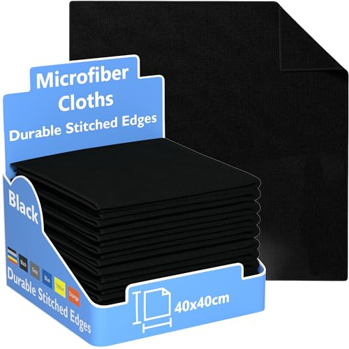 REXO Paño de limpieza de microfibra, toallas de limpieza multiusos duraderas, bordes cosidos, sin pelusas, ultra absorbentes (negro, 40 x 40 cm, paquete de 25)