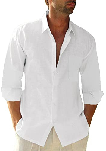 Friptspyg Hommes Chemise Lin Coton Manches Longues Bouton Bas Coupe Regular Casual Chemise de Plage Regular Fit Chemises L'été avec Poche, Blanc 3XL