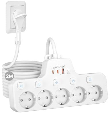 Regleta Enchufe Plano,PD20W Regleta 5 Enchufes con USB C,Ladron Enchufes con Interruptor,Enchufe Multiple Pared Extraplano,5 Tomas Proteccion Sobretension Alargador 2M Cable para Hogar Oficina,Blanco