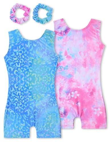Tstiti Gymnastics Leotards for Girls 2 Pack Sparkly Kids Biketards Dance Unitards Matching Hair Scrunchies